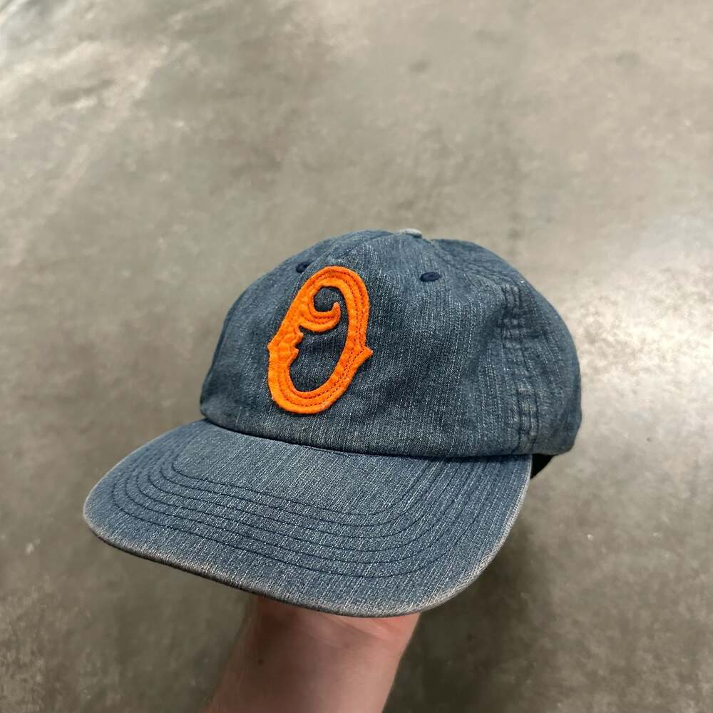Obey Propaganda Denim Baseball Hat With Orange Embroidery And Leather Strapback